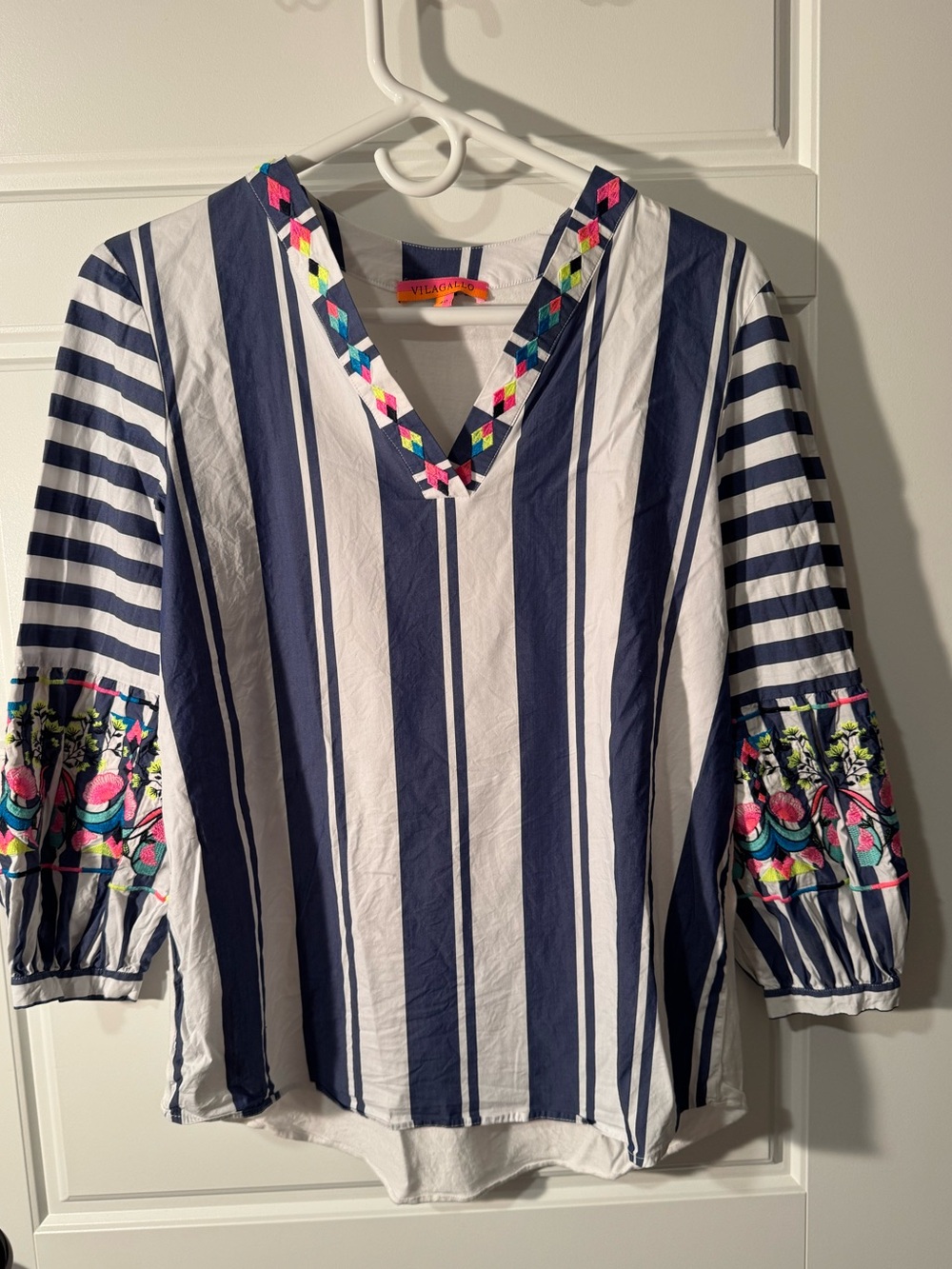 Vilagallo Striped Mixed Media 3/4 Sleeve Top with Neon Embroidery, Size 40 (M)